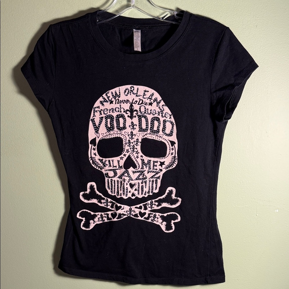 Black Tee with Beige Voodoo Skull Graphic with Rhinestones. L